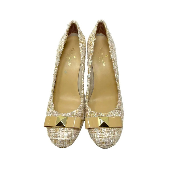 Kate Spade Tweed Patent Leather Bow High Heels Tan Nude Size US 7.5 - Picture 2 of 8